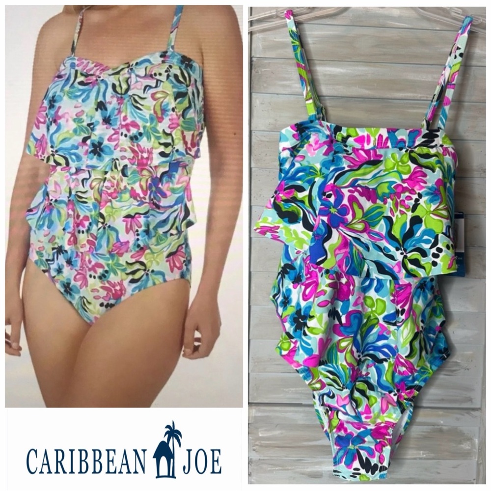 Caribbean Joe tiered bandeau floral 1 piece swimsuit removable straps Small NWT